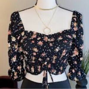 Timing Black Floral Square-Neck Crop Top Buckle Brand Size Small NWT